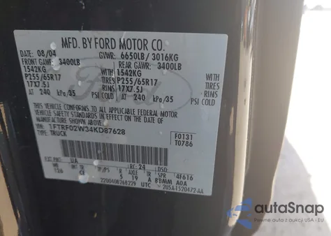 2004 Ford F-150 Stx/Xlt from USA, damaged, VIN 1FTRF02W34KD87628